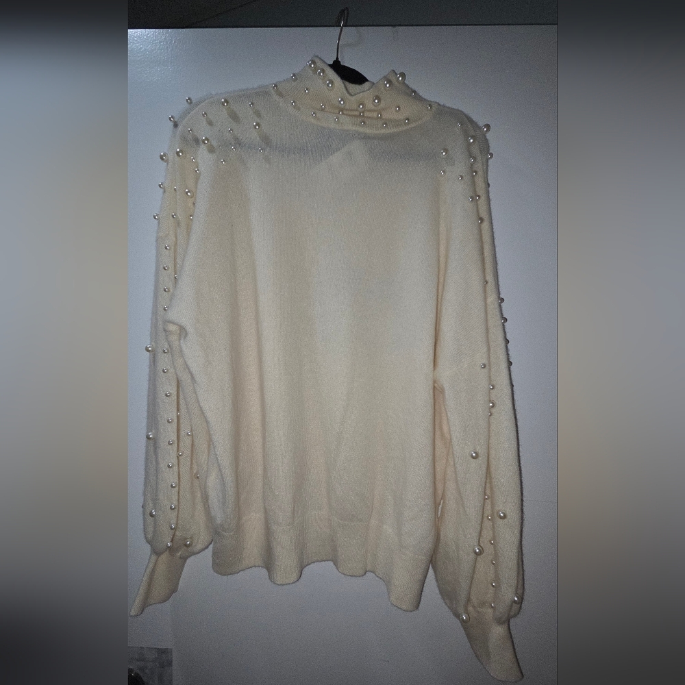 Elegant Pearl-Embellished Cream Sweater